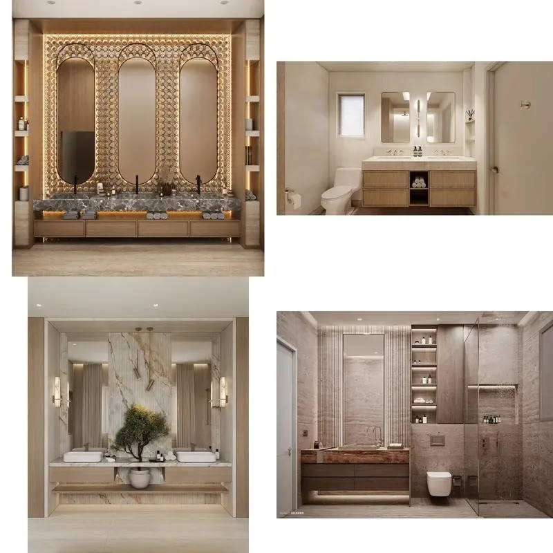 Modern Floating Wood Marble Bathroom Vanity Cabinet with Double Sink and Mirror Washstand