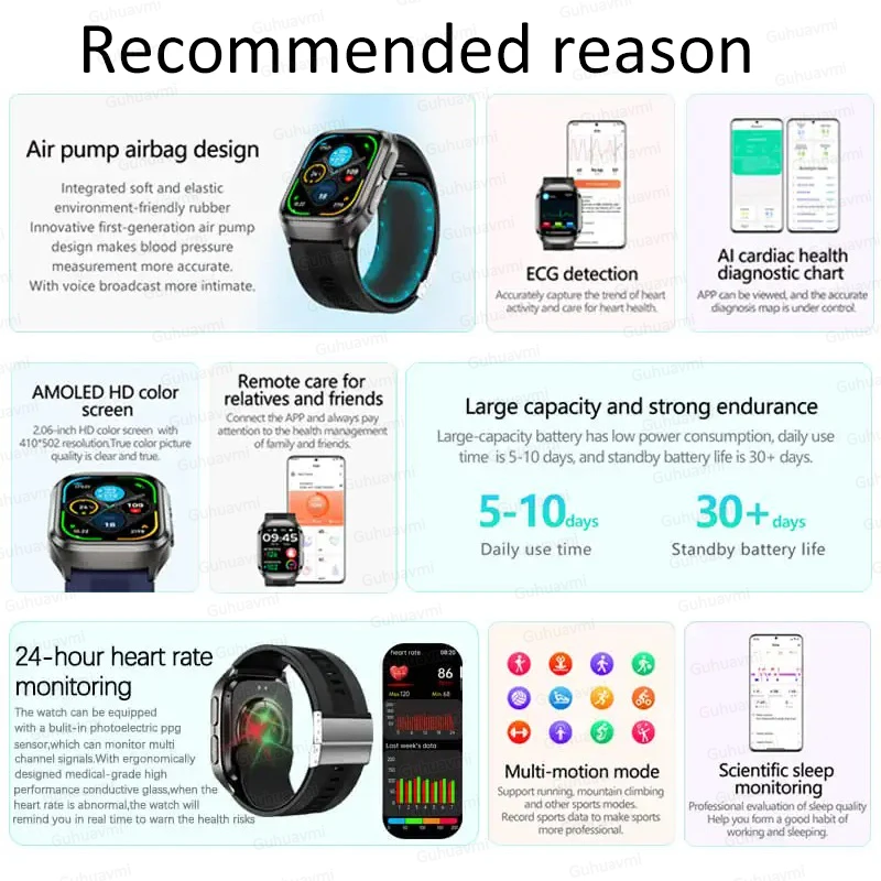 2025 للتحكم في الصحة الراقية مضخة هواء ساعة ذكية الرجال ECG دقيق ضغط الدم تحليل الجسم الصحة ECG NFC Smartwatch