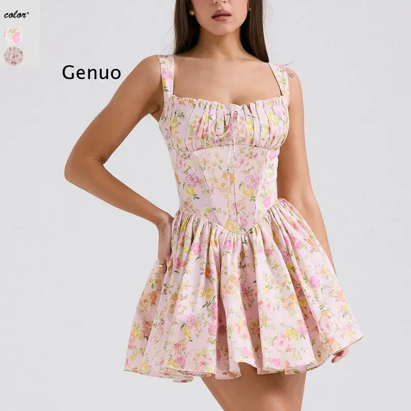 2026 Floral Print Corset Mini Dress for Women Square Neck Puff Skirt with Boned Bodice for Casual Occasions