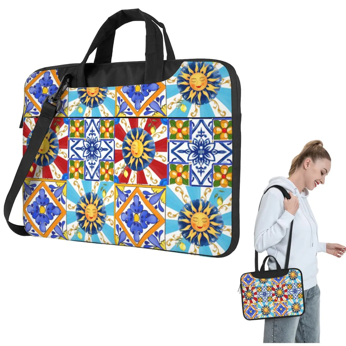 

Сицилийская плитка, солнце, полумесяц, среднеземноморский стиль, лимонная художественная сумка через плечо для ноутбука, сумка для компьютера 13, 14, 15,6-дюймовая сумка для ноутбука