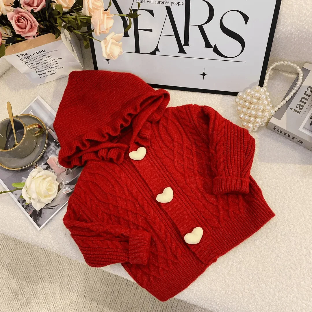 2024 Autumn New Korean Girls\' Girls Sweater with Hat Autumn and Winter Red Long Sleeved Top with Heart Button Knitted Cardigan