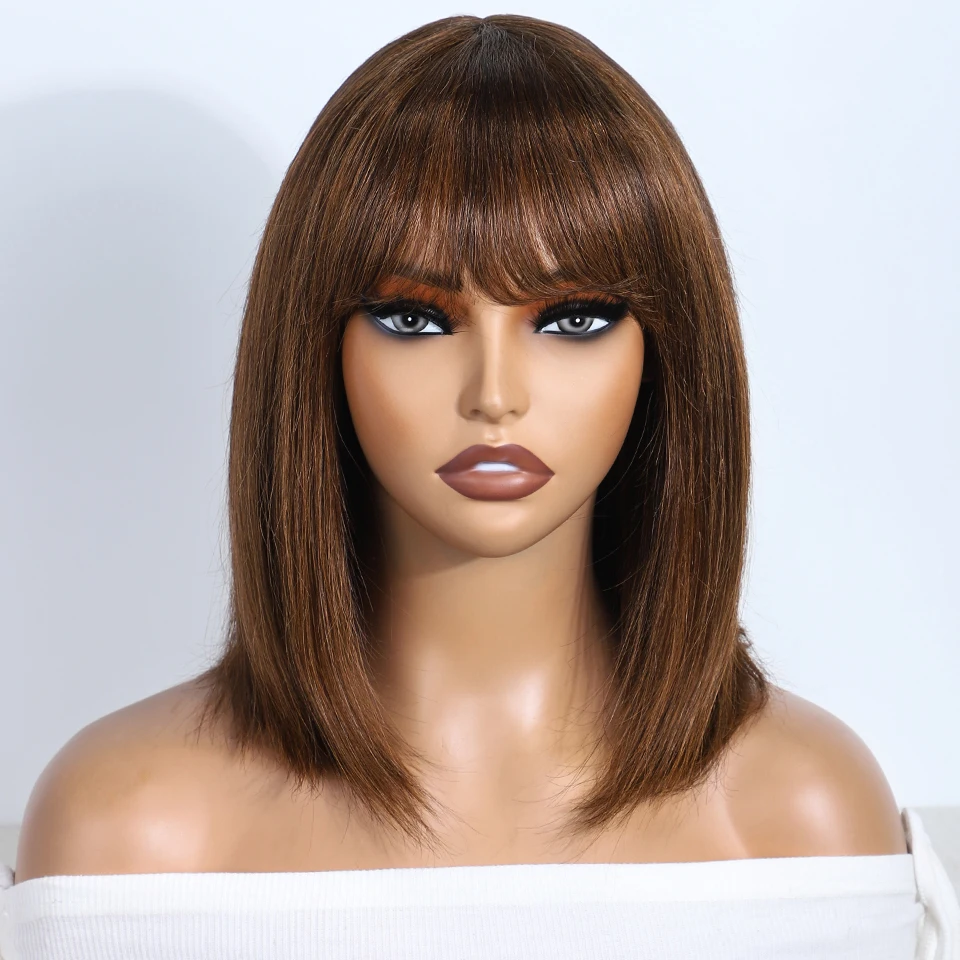 P4/30 Highlight Colored Human Hair Wigs With Bangs Straight Bob Remy Brazilian Hair Wigs Lace Inside 100% Real Ready To Wear Wig