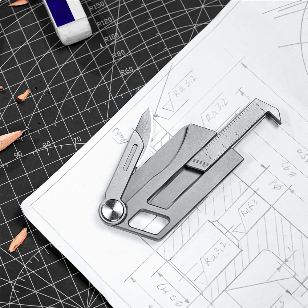 MecArmy RU02 Titanium Folding Knife Caliper Lightweight Integrated Ruler Multi-function EDC Tool for DIY or Outdoor Work