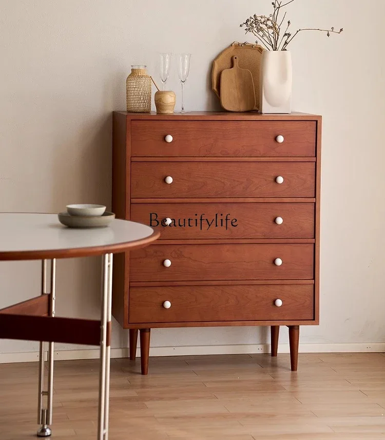 

13Five-Drawer Chest Cherry Wood Drawer Storage Vintage Style Solid Wood Cabinet