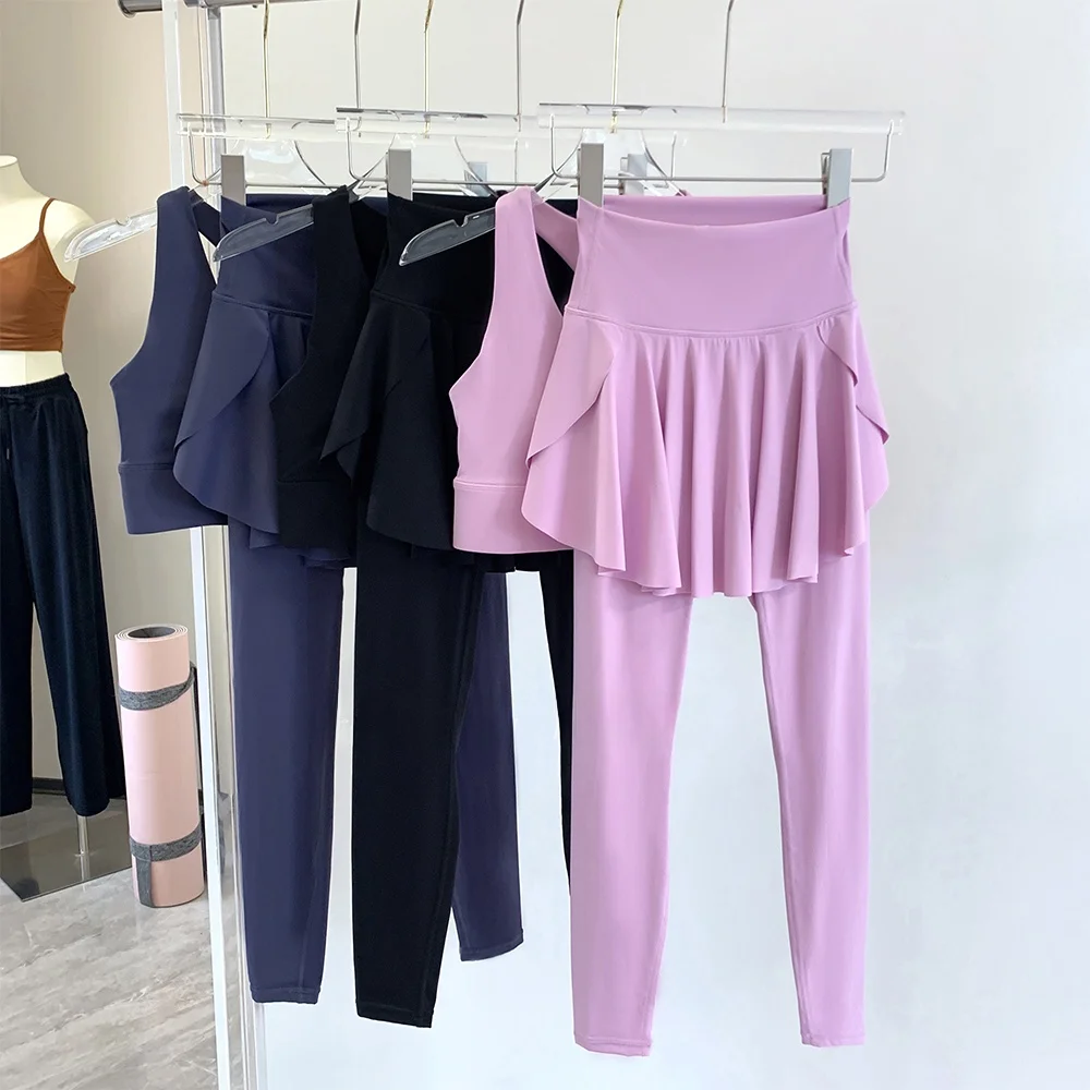 

High Waist Yoga Skort Pants Women's Fitn Running Trousers Sports Outerwear Long Pants Skirt Fake Two-Piece Set
