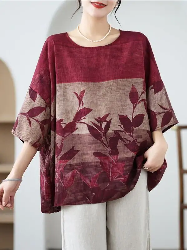 plus Size Women's round Neck T-Shirt Cotton Linen Loose Fit Summer New Style Slimming Meat Covering Korean Style Printed Shirt