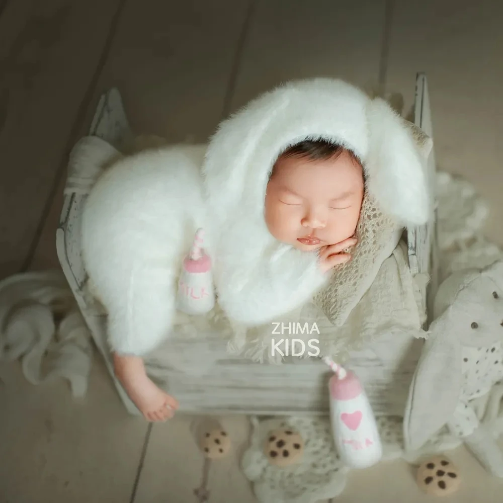 Fuzzy Newborn Bunny Outfit for Photography Props Knitting Pattern Newborn Bunny Romper Open Foot Baby Photo Rabbit Sleeper