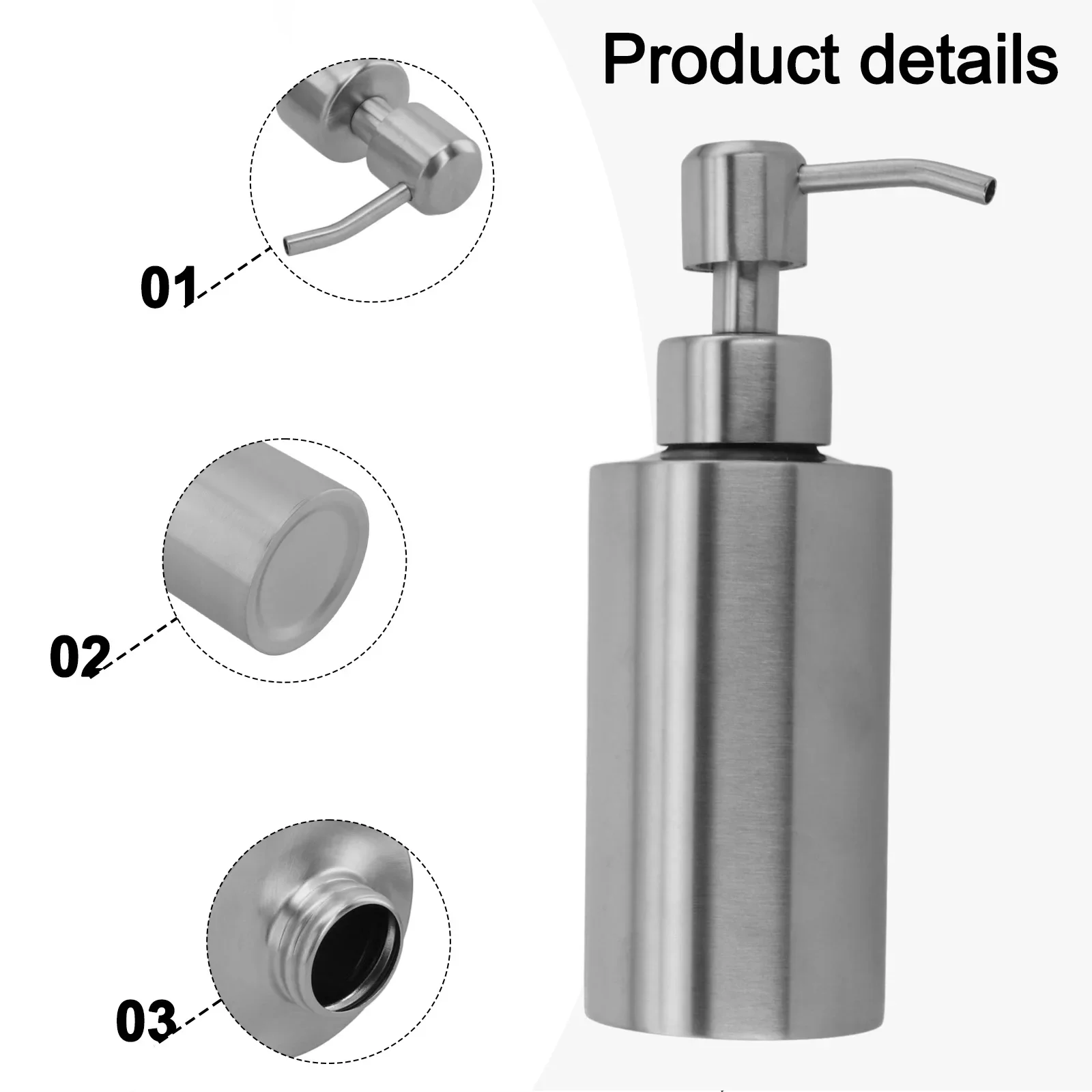 

304 Stainless Steel Bathroom Soap Dispenser With Pump And Detachable Top For Refill Designed For Kitchen And Sink Use