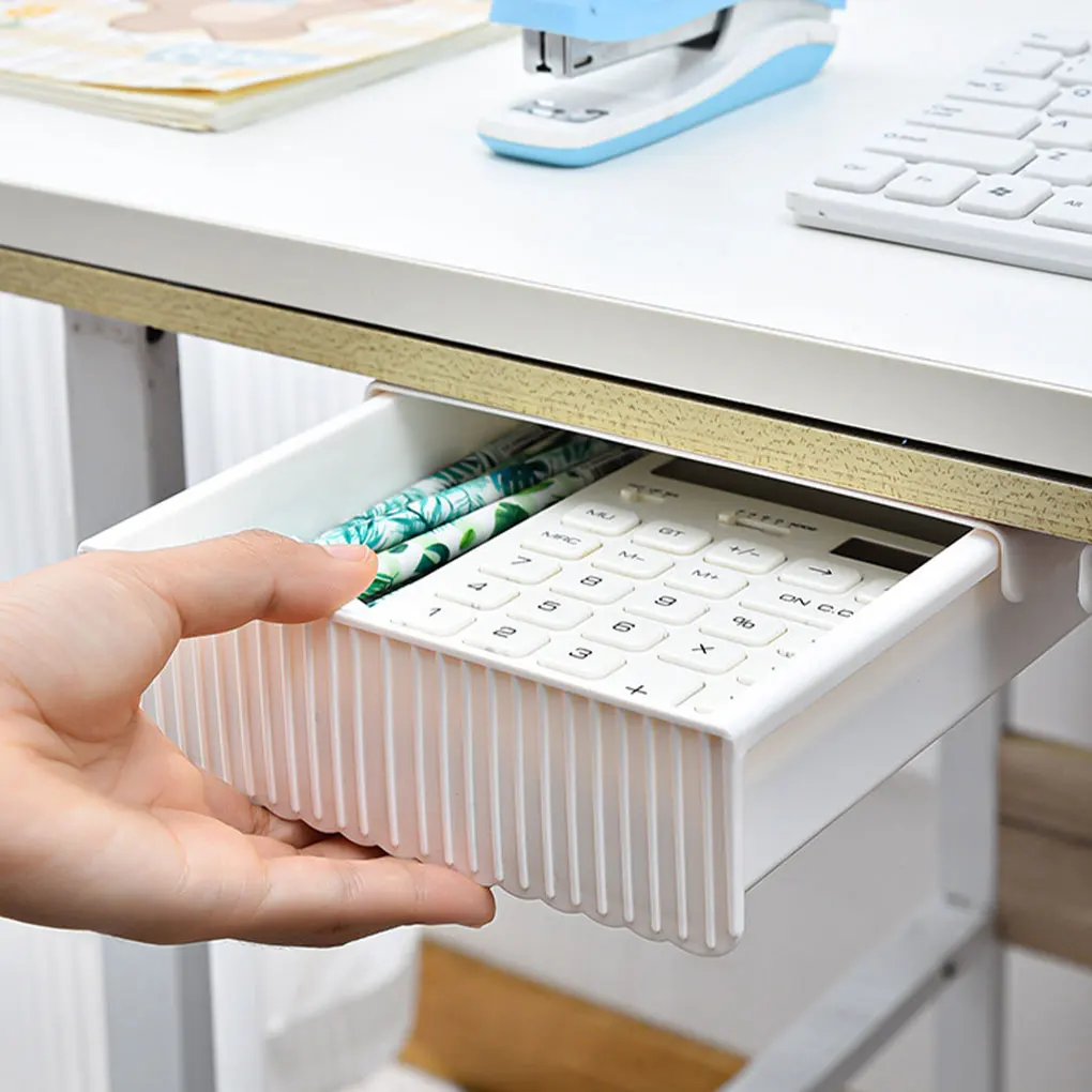 White Under Table Storage Box Adhesive And Durable Desk Drawer Can Be Stored Under Table Without