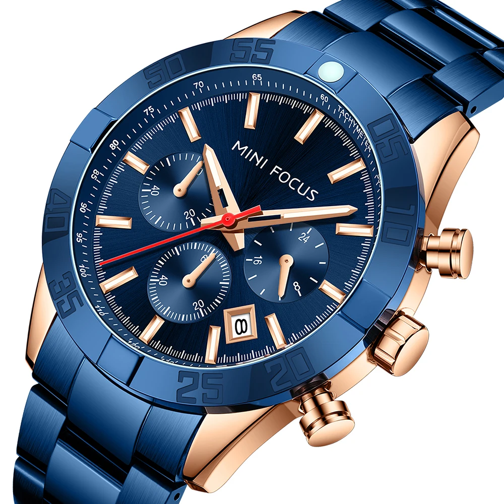 MINI FOCUS Men's Business Quartz Watch Multifunction Stainless Steel Strap 30M Water Resistant Wristwatch