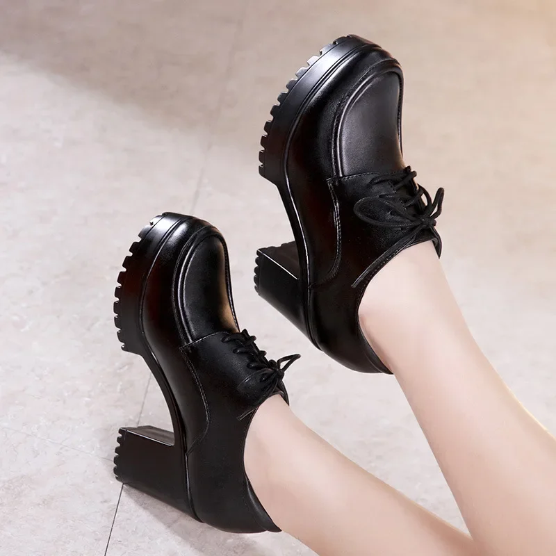 8cm Small Size 32-43 British Deep Mouth Thick Bottom Platform Pumps Winter 2024 Block High Heels Shoes Office Model Oxfords