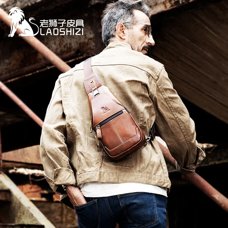 Imagem -04 - Bolsa de Peito Masculino Bolsa de Couro Genuíno Bolsa Transversal Mensageiro de um Ombro Mochila Mini Bolso de Peito Bolsa de Viagem de Negócios Presente