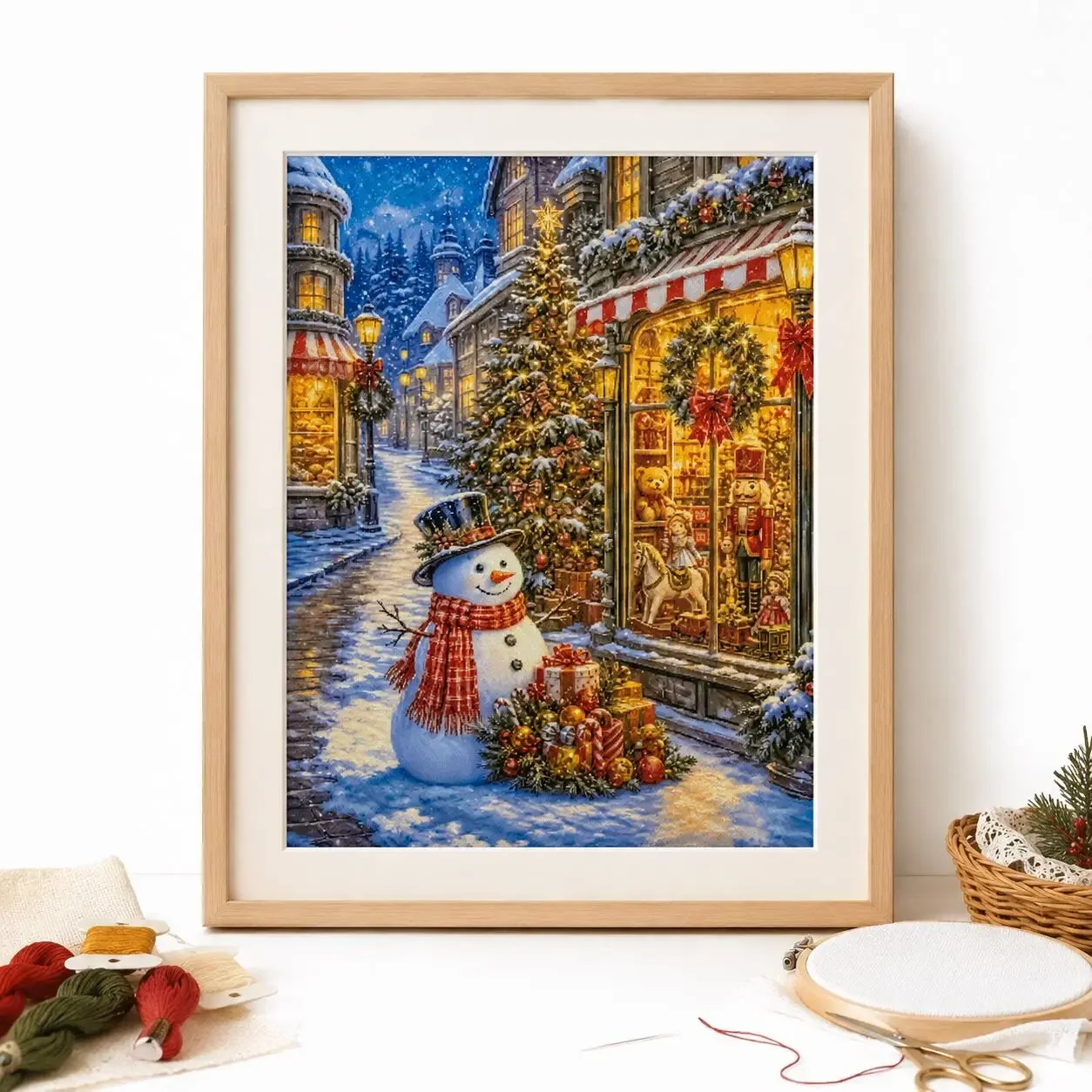 | Stamped Cross Stitch Kit 14CT 16CT 18CT, DIY Printed Canvas Cotton Thread Embroidery Ne[ZZ9215 - Christmas Snowman Toy Store]