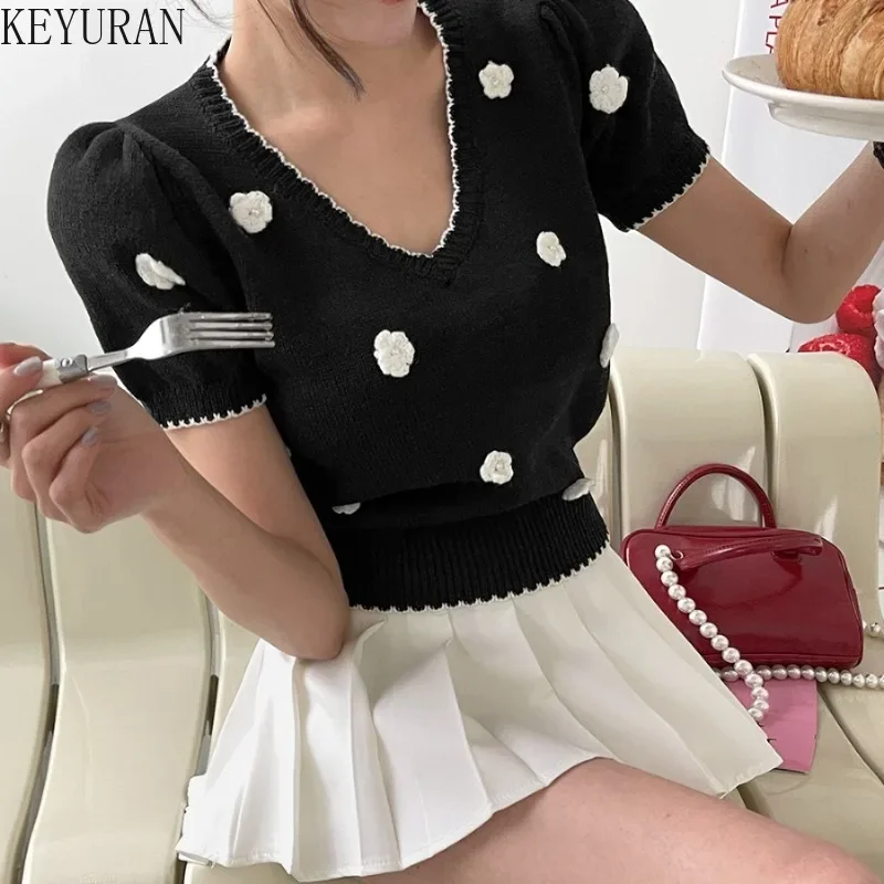 2024 Summer Korean Chic Flower Sweater Women Knit T Shirts Vintage Fashion Black White Bubble Short Sleeve Knitwear Tops Jumper