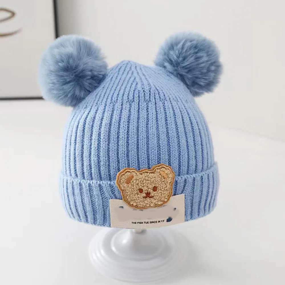

0-3Year Windproof Solid Color Baby Knitted Hat Soft Cute Children Warm Cap Plush Ball Cartoon Beanie Hats Boys Girls