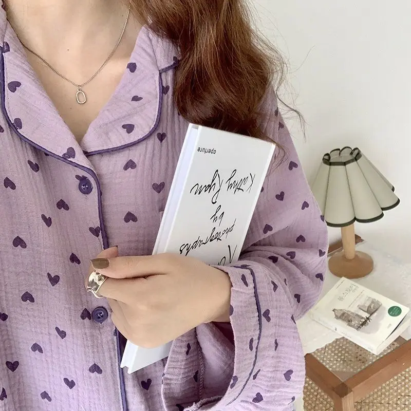 Purple Pajama Sets for Women Lovely Prints Spring Korean Fashion Home Sleepwear Ins College Sweet Girls Turn-down Collar Pajamas