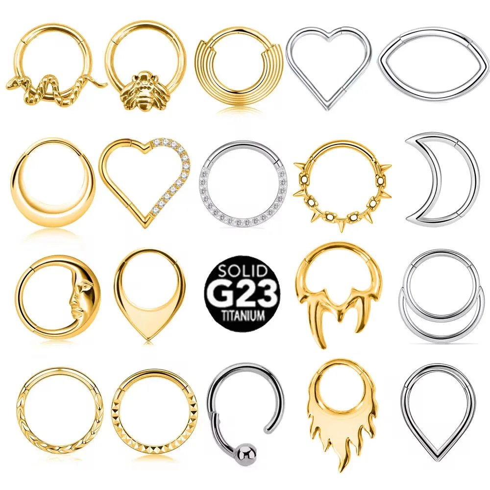 ASTM F136 G23 Titanium 16G Snake Bee Moon Flame Septum Piercing Heart Tusk Helix Hinged Daith Conch Earring Opal Hoop Nose Ring