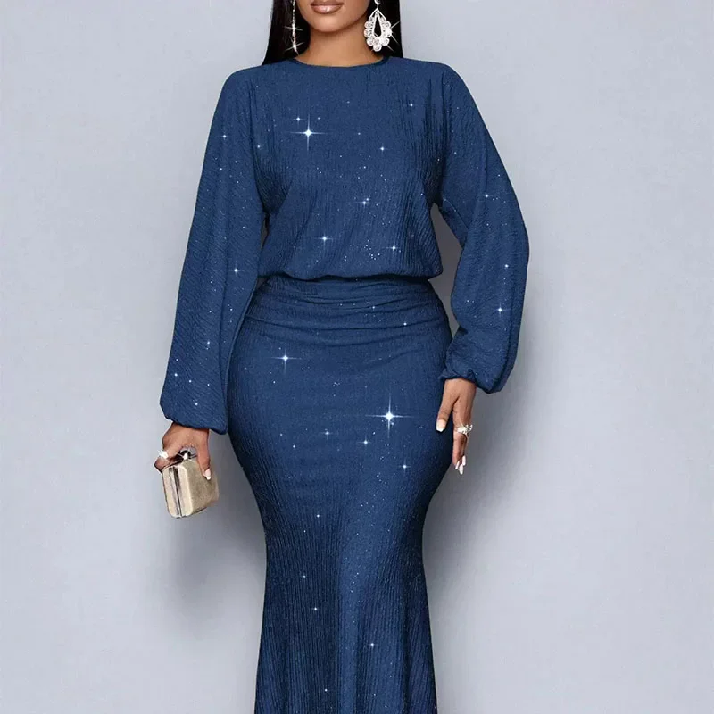 Elegant O-neck Long Sleeve Fishtail Dress Women Fashion Hight Waist Draped Long Dress Casual Shiny Sequins Solid Party Dresses
