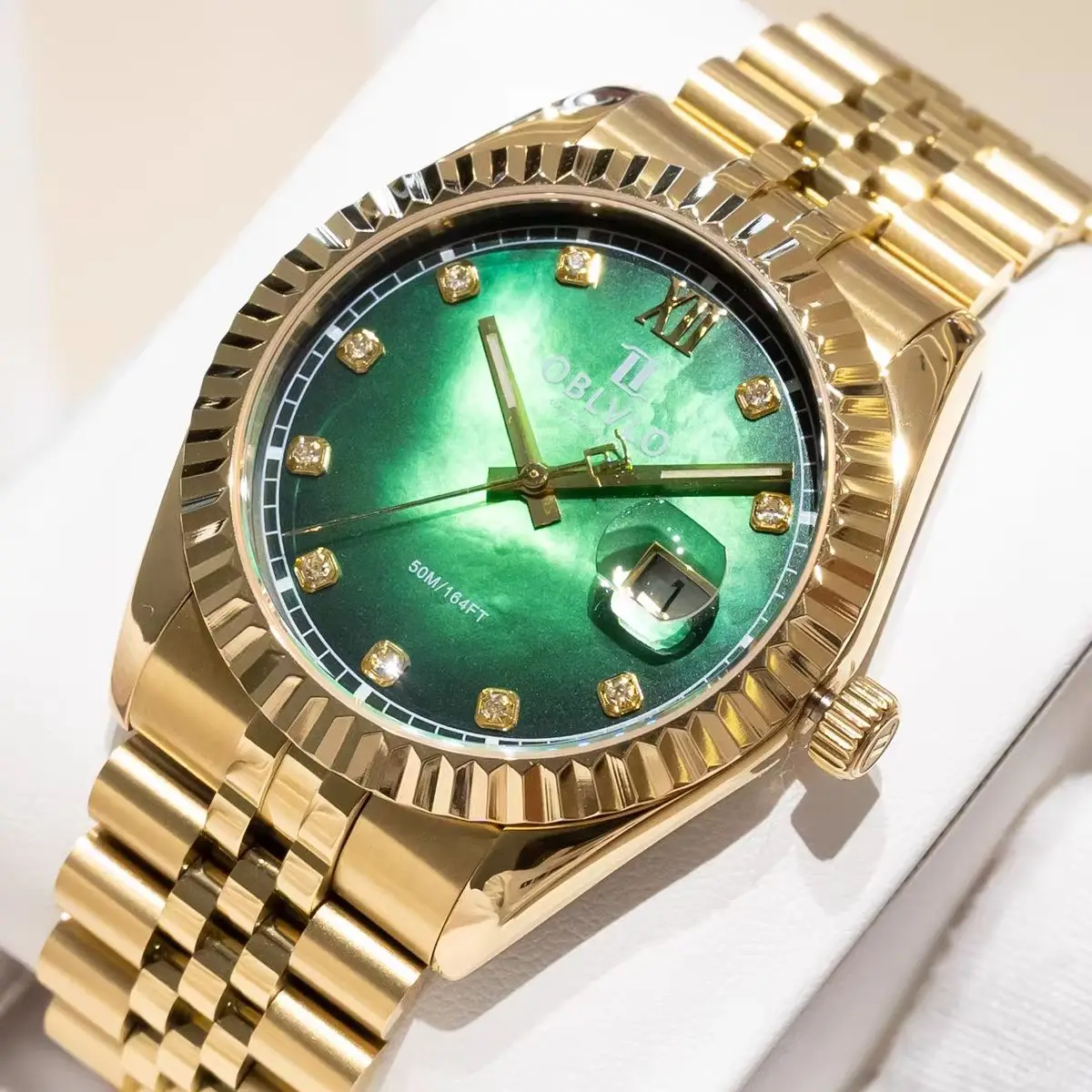 OBLVLO Men Quartz Watch 39mm Classic Wristwatch MOP Dial 50M Waterproof Sapphire Luminous Ronda 505 Mov