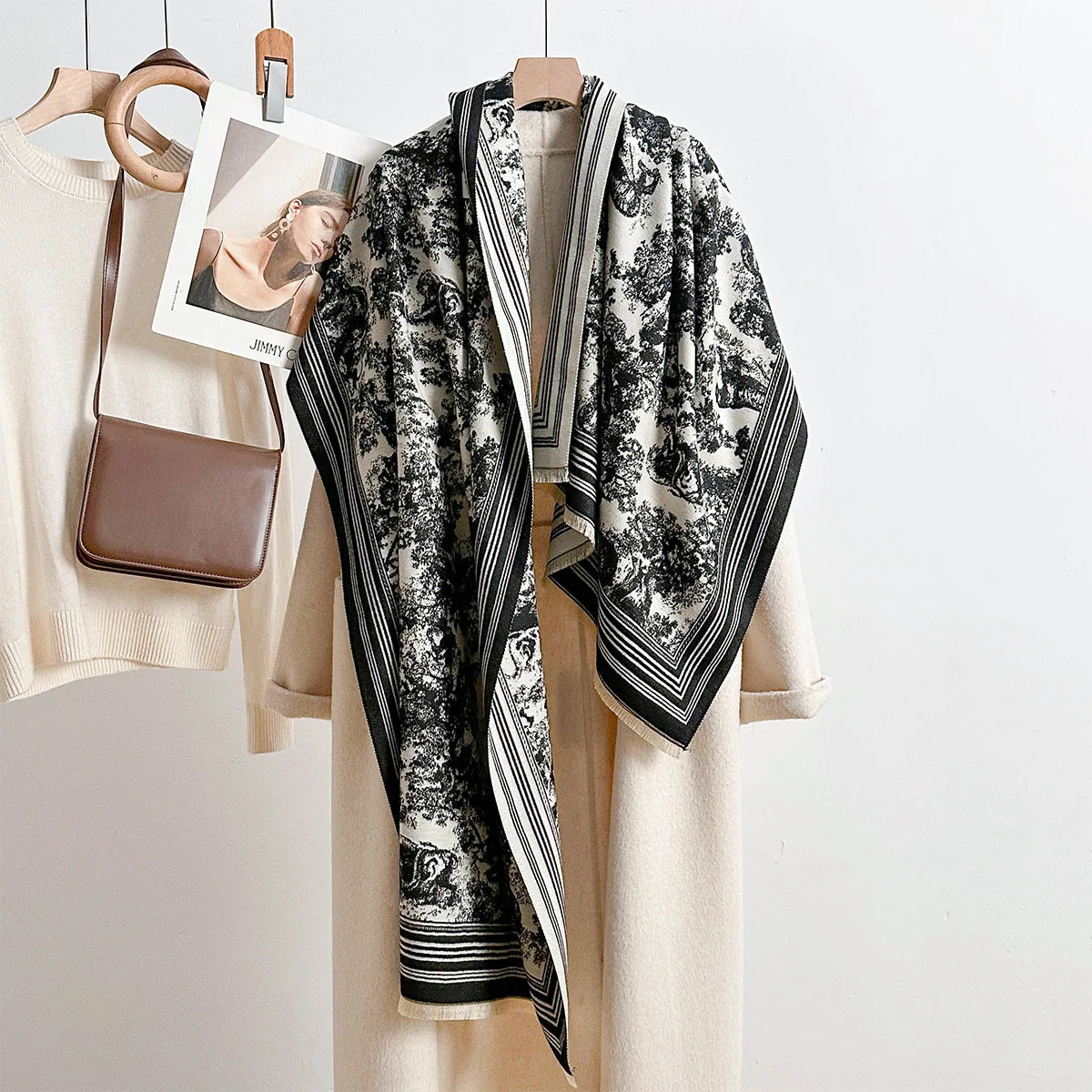Scarf Women Wool Blend Shawl Wrap French Vintage Jacquard Animal Print Stole Outerwear Fall Winter Imitation Cashmere
