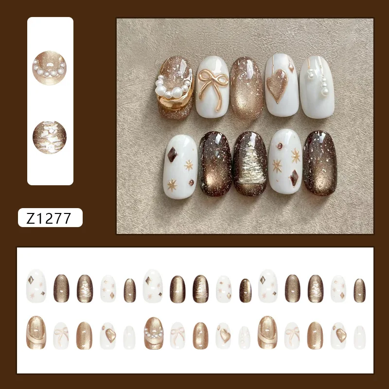 30pcs Champagne Gold Cat-Eye Press on Nails 3D Pearl Heart-Shaped Bow and Star-Spangled False Nail Short Almond Fake Nail Art