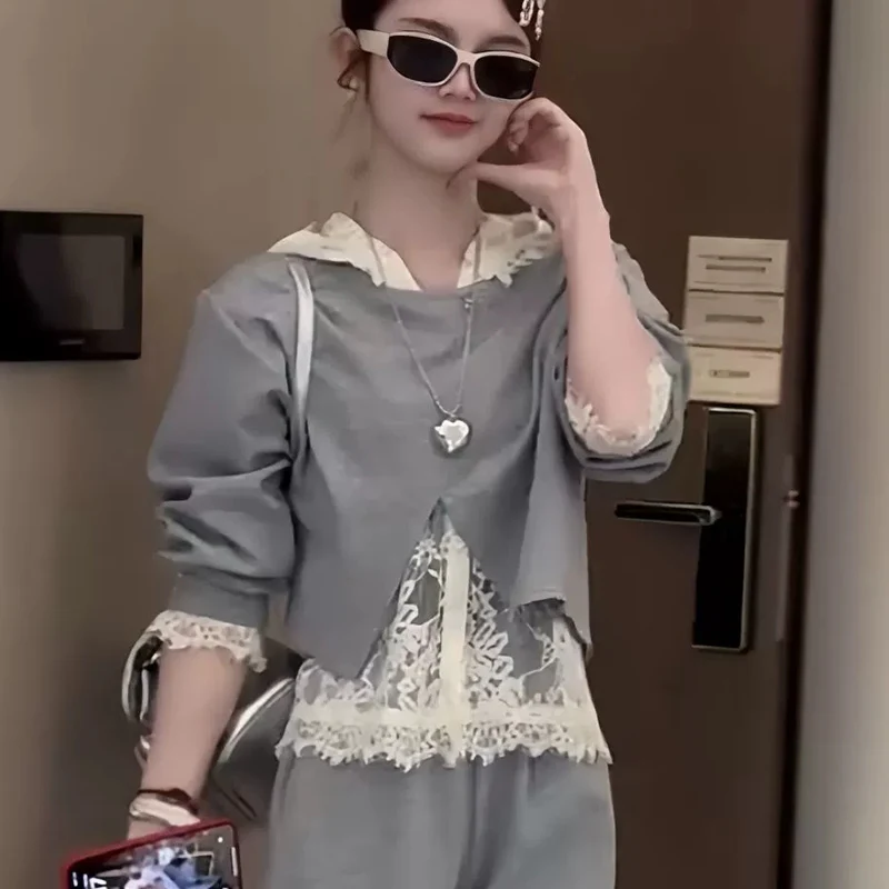 Fashionable Lace Three-Piece Set Women's Large Size Lazy Hook Long Sleeve Commute Suit Autumn 2026 Casual Sportswear Ensemble