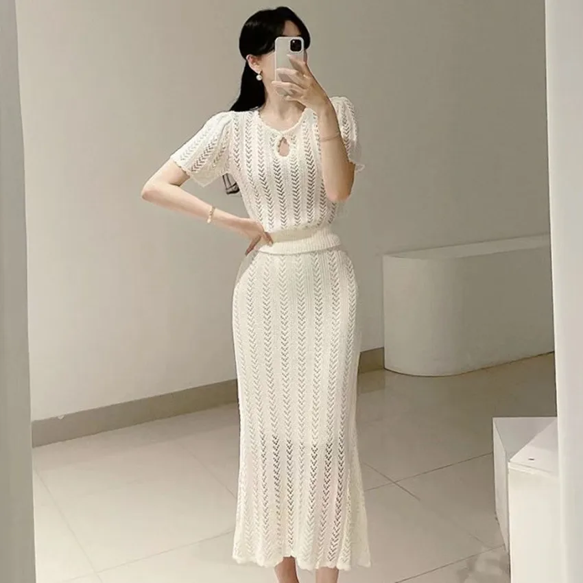 

Korean Fashion Summer Knitting Two Piece Set Women O Neck Hollow Out Solid Short Sleeve Tops +High Waist Bodycon Long Skirt Suit