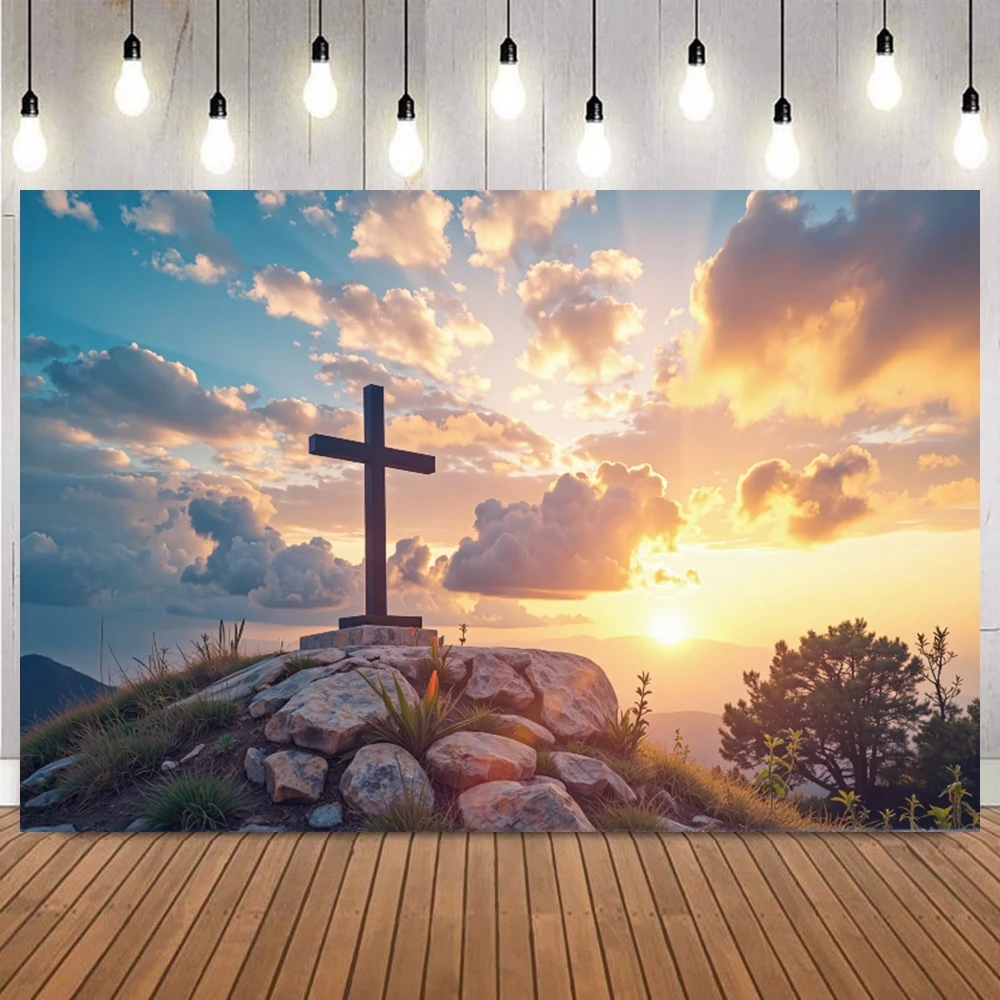 Christian Cross Photo Backdrop Holy Lights Heaven Sky Clouds Resurrection of Jesus Easter Religious Decor Photography Background