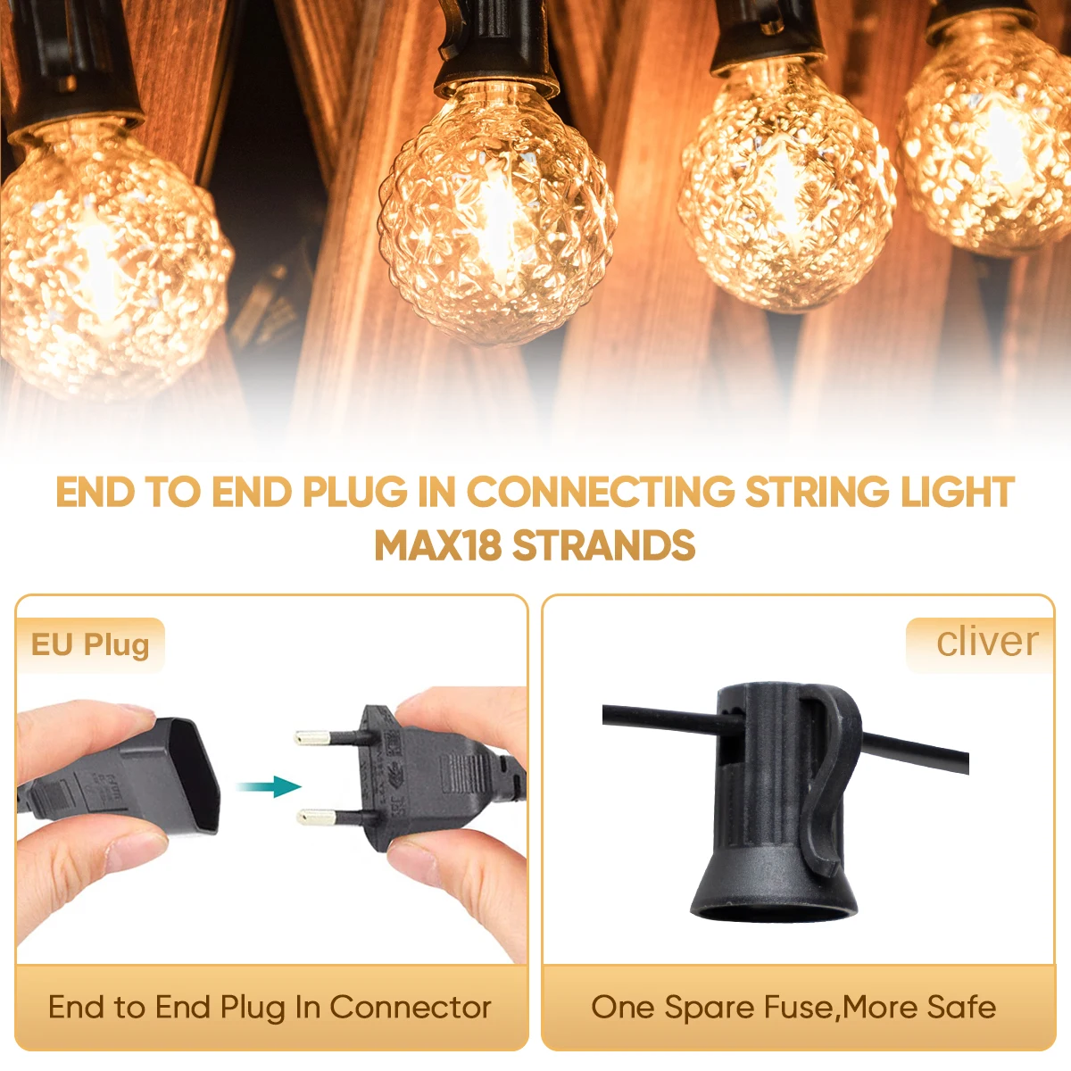 Impermeável Vintage LED String Lâmpada, Luzes de Festa de Natal, Decorações de Ano Novo, Âmbar G40, UE, E12, 220V