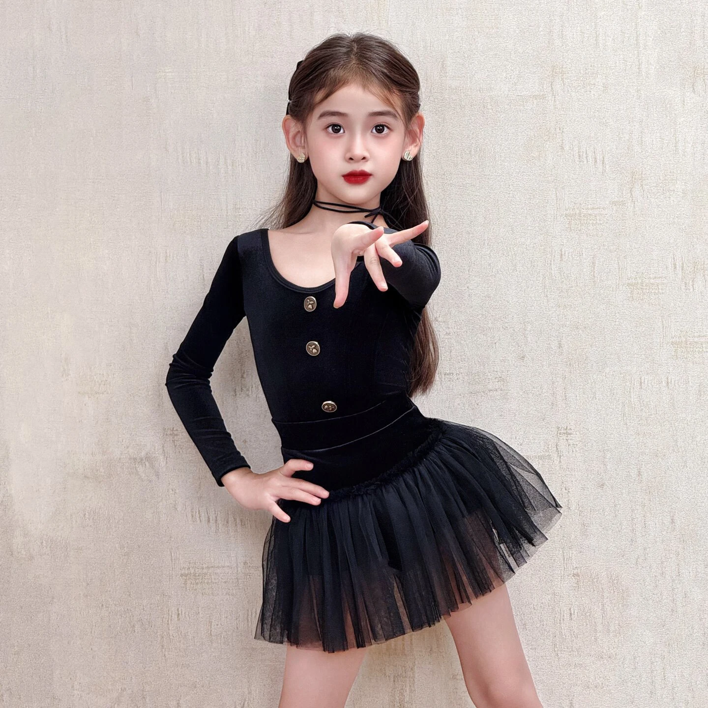 女の子ラテンダンス衣装長袖トップス糸チュチュスカート女の子トレーニング練習ダンスウェアルンバチャチャダンスドレス