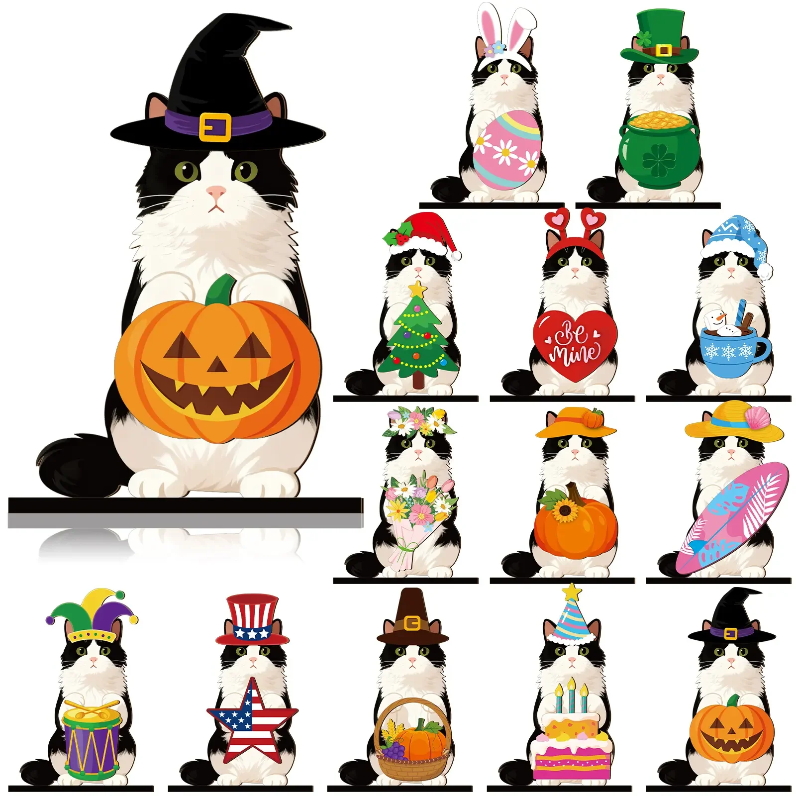 Interchangeable Wooden Cat Sign Desk Decor, Cute Cat Ornaments with Detachable Magnetic Hats for Summer, Halloween, Autumn, Birthday Party, Gift for Cat Lovers & Pet‑Owning Families