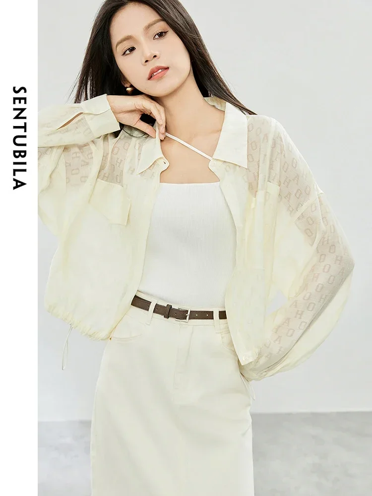 SENTUBILA Letter Printed Sheer Shirt Women 2024 Summer Fashion Loose Long Sleeve Tops Casual Drawstring Shirt Jacket 142W53851