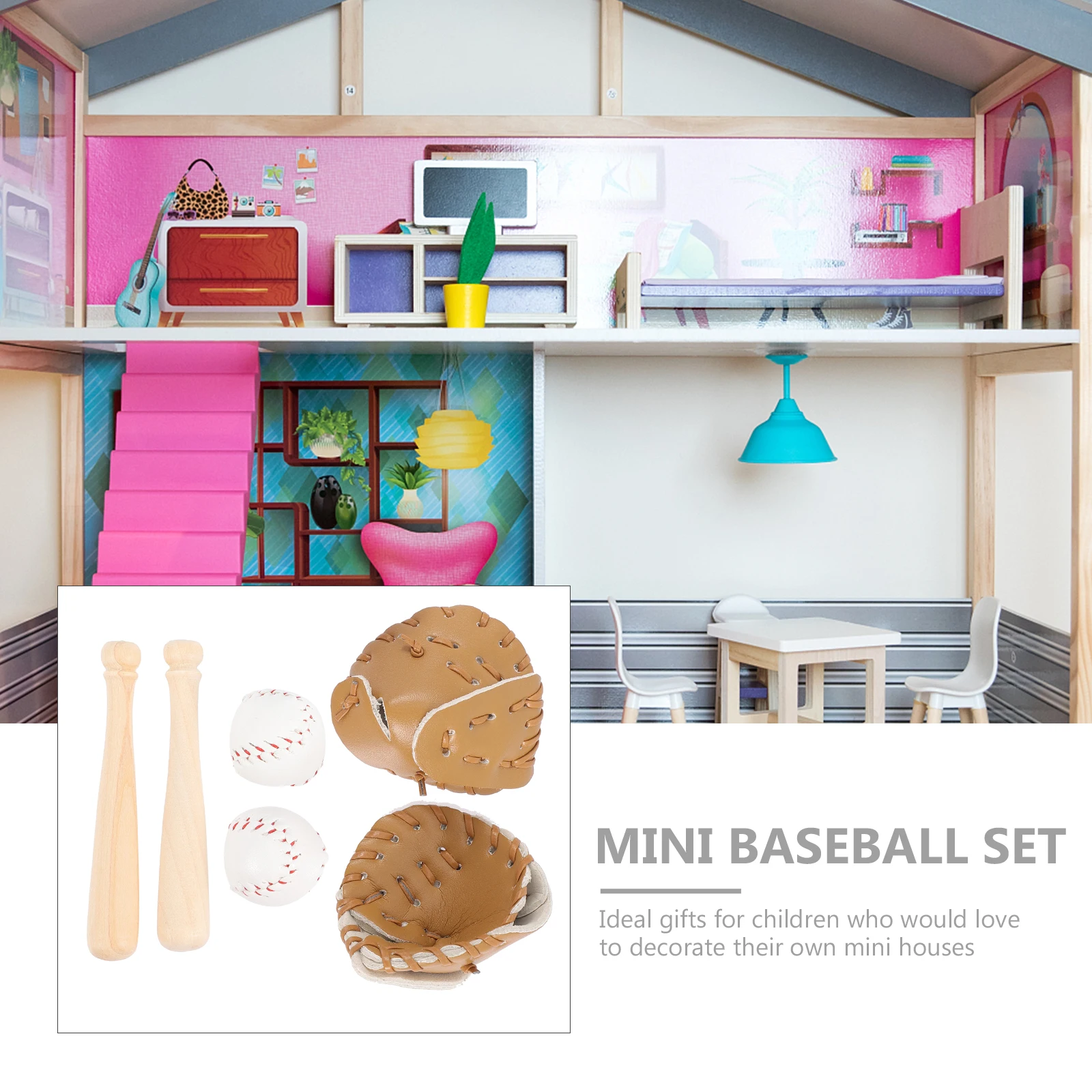 

2 set 2 Sets Diy Mini Baseball Set Bat Glove Ball Simulated Wood Craft Decoration Accessories Kids Pretend