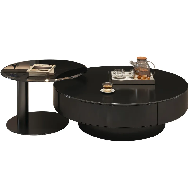 

Living room new home light luxury high-end Italian minimalist round stainless steel black rock slab edge few