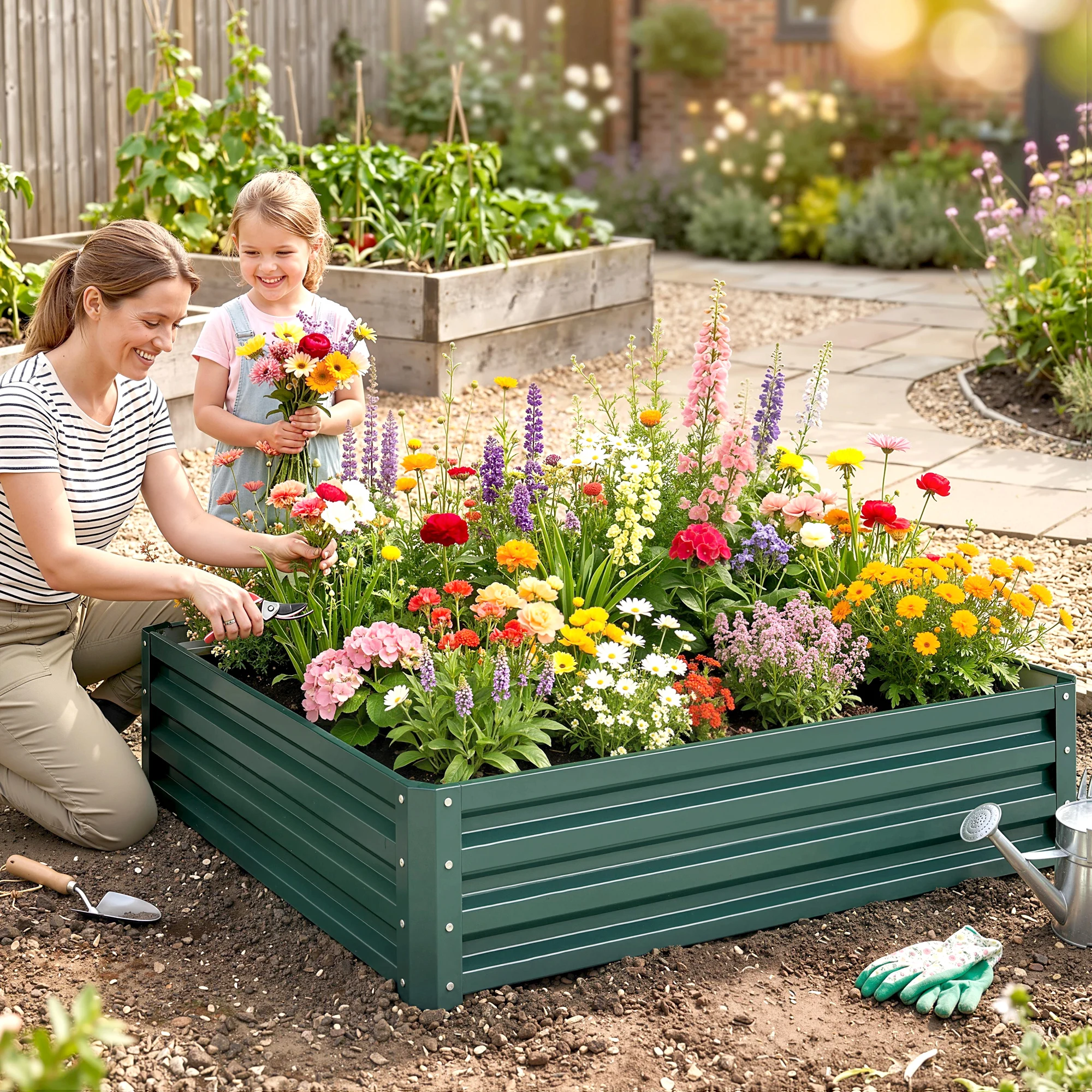 4' x 4' Raised Steel Garden Planter Bed for Vegetables, Herbs & Flowers, Green