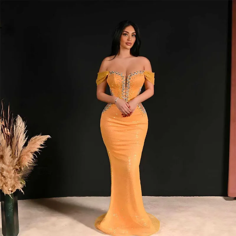 Vestido De Noche De sirena con lentejuelas, Sexy, con cuentas De cristal, hombros descubiertos, largo hasta el suelo, para graduación