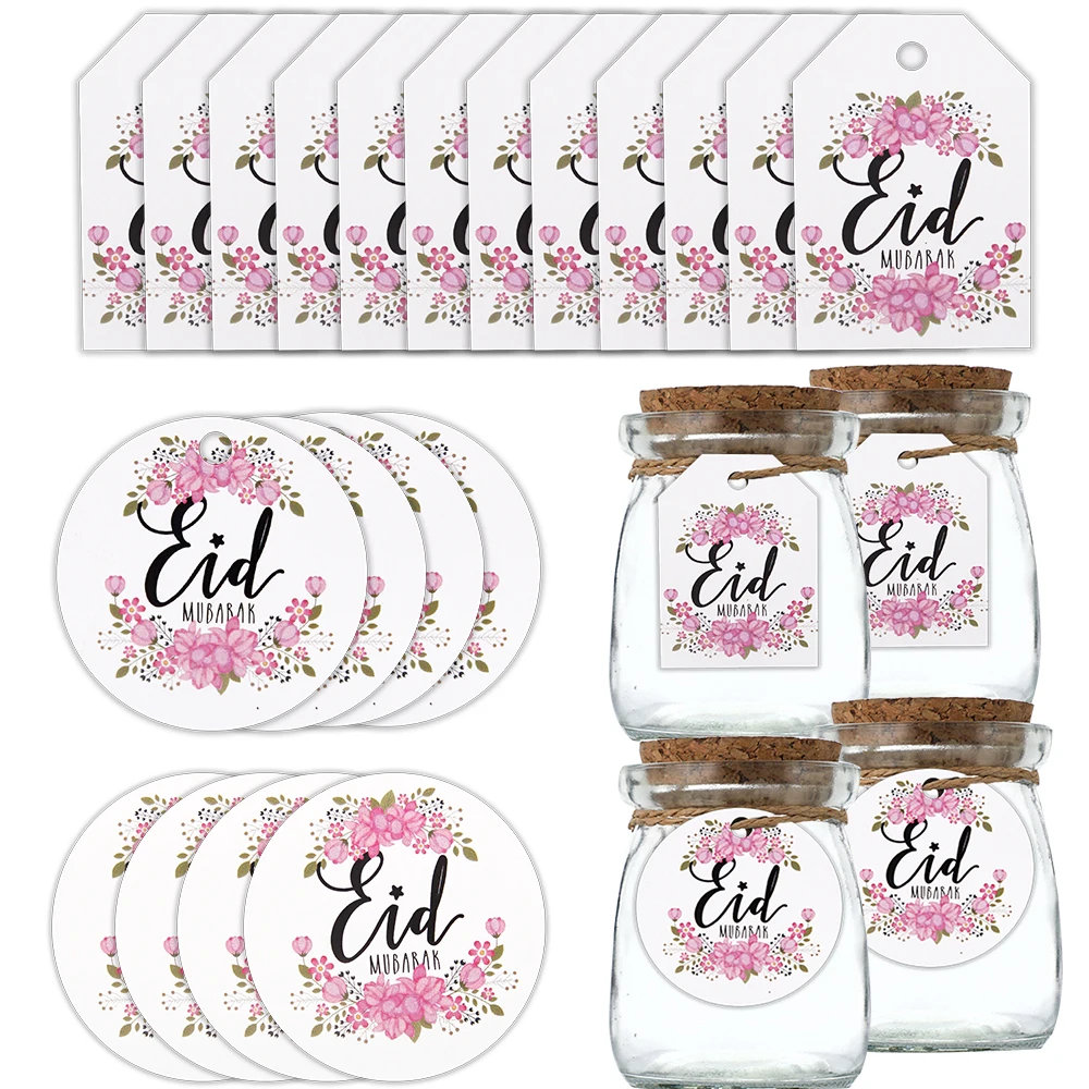 50PCS Eid Mubarak Hängen Tag Blume Kranz Aufkleber für Ramadan Kareem Muslim Islamischen Dekoration DIY Geschenke Verpackung Liefert