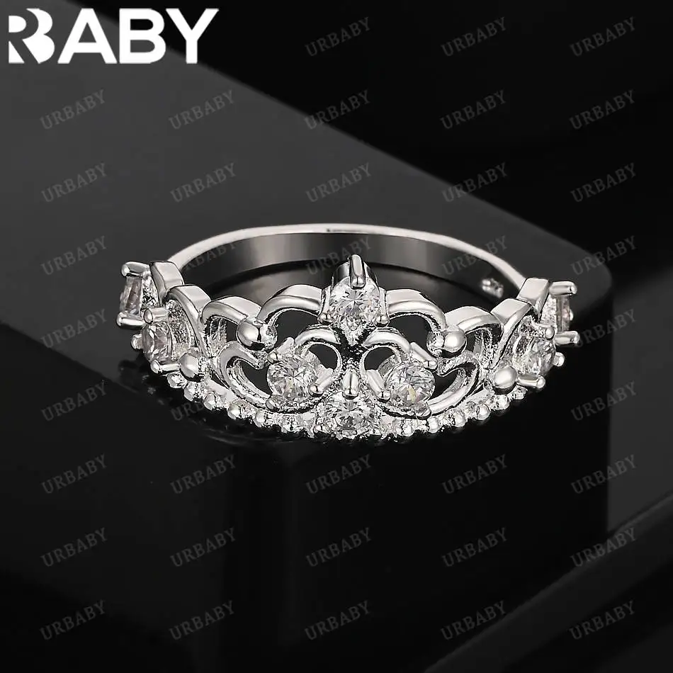 

URBABY 925 Sterling Silver Zirconia Crown Wedding Ring For Women Grace Jewelry Trend Fashionable Birthday Party Gifts