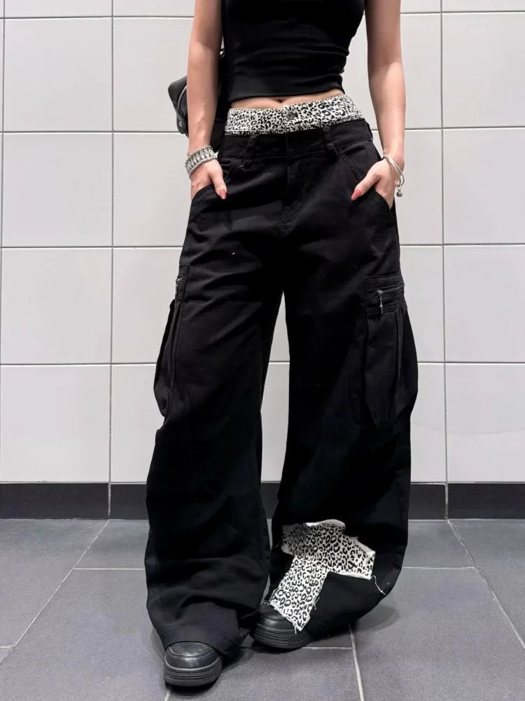 2026 Gothic Y2K Style Leopard Patchwork Black Baggy Women's Cargo Jeans Pants For Woman Clothing Wide Leg New Rock Long Trousers