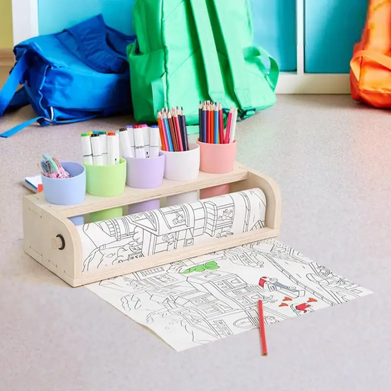 Drawing Paper Roll Holder Art Painting Paper Roll Stand With Pencil Holder Cups Wooden Parchment Dispenser Kids Drawing Supplies