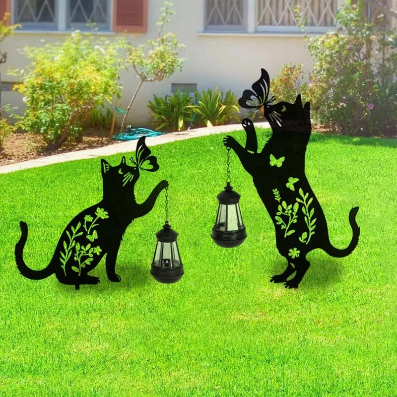 2pcs Cat Solar Outdoor Courtyard Light Iron Cat Ground Insertion LED Light Decoration - Metal Black Cat Silhouette Light Stake