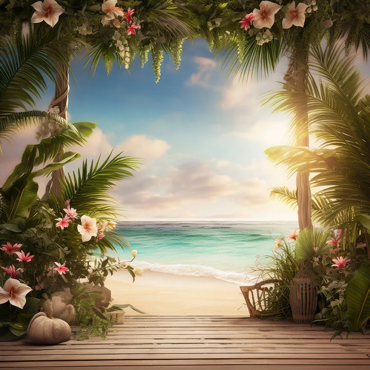 Mehofond ฉากหลังของการถ่ายภาพ, ถ่ายภาพฤดูร้อนชายหาดริมทะเลดอกไม้เขตร้อนวันเกิดสำหรับเด็กปาร์ตี้ฉากหลังสตูดิโอถ่ายภาพ