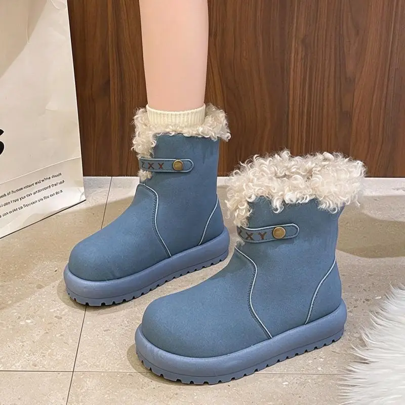 Metal Buckle Decorate Casual Snow Boots Faux Suede Warm Lambswool Women Ankle Boots Winter Thick Sole Non Slip Mid-Calf Booties