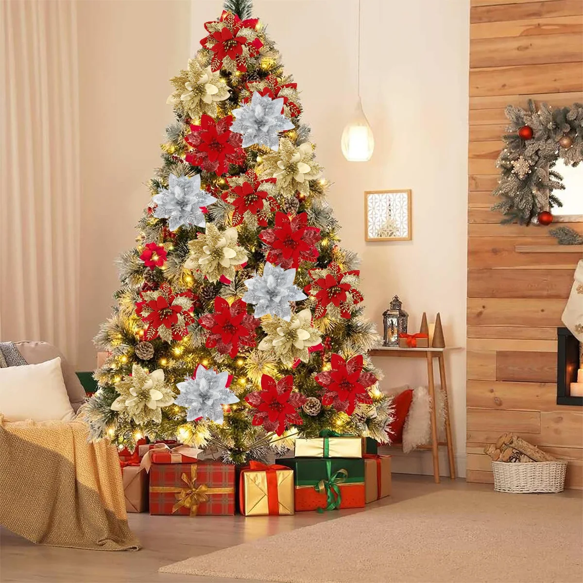 Weihnachts-Glitzerblumen, künstliche Blumen, Weihnachtsbaumschmuck für Zuhause, 2025, Baum-Anhänger, Ornamente, Navidad, Neujahr 2026, Geschenk – Detail 1