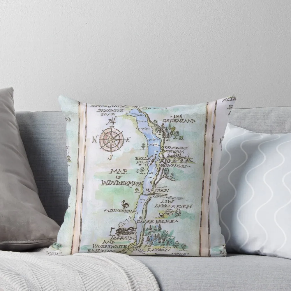 Swallows and Amazons map of Windermere in spring colours - Throw Pillow autumn pillowcase Pillow Cases pillow