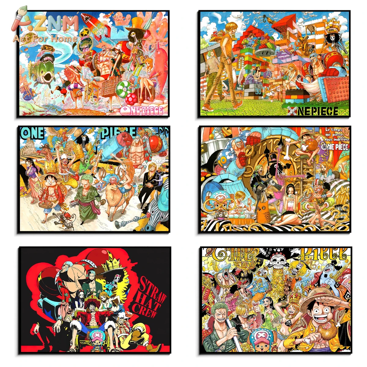 AZNM One Piece Straw Hat Crew Full Group Anime Frameless Canvas Wall Art, Colorful Manga Art Home Living Room Decor Painting