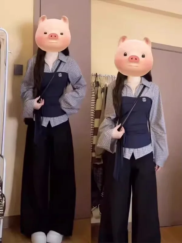 

plus Size Women's Korean Style Plaid Patchwork Long Sleeve Shirt Slimming Top Spring New Waist-Cinching Fashionable Shirt