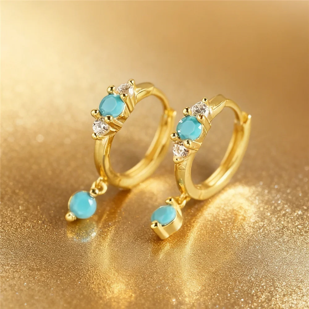 Cute Female Simulated Turquoise Stone Round Hoop Earrings Vintage Fashion Gold Color Wedding Jewelry For Women
