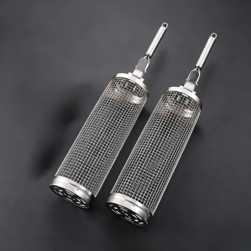 Rolling BBQ Grill Basket Detachable Handle Stainless Steel Mesh Cage Portable Outdoor Smoker Roasting Cooking Tool