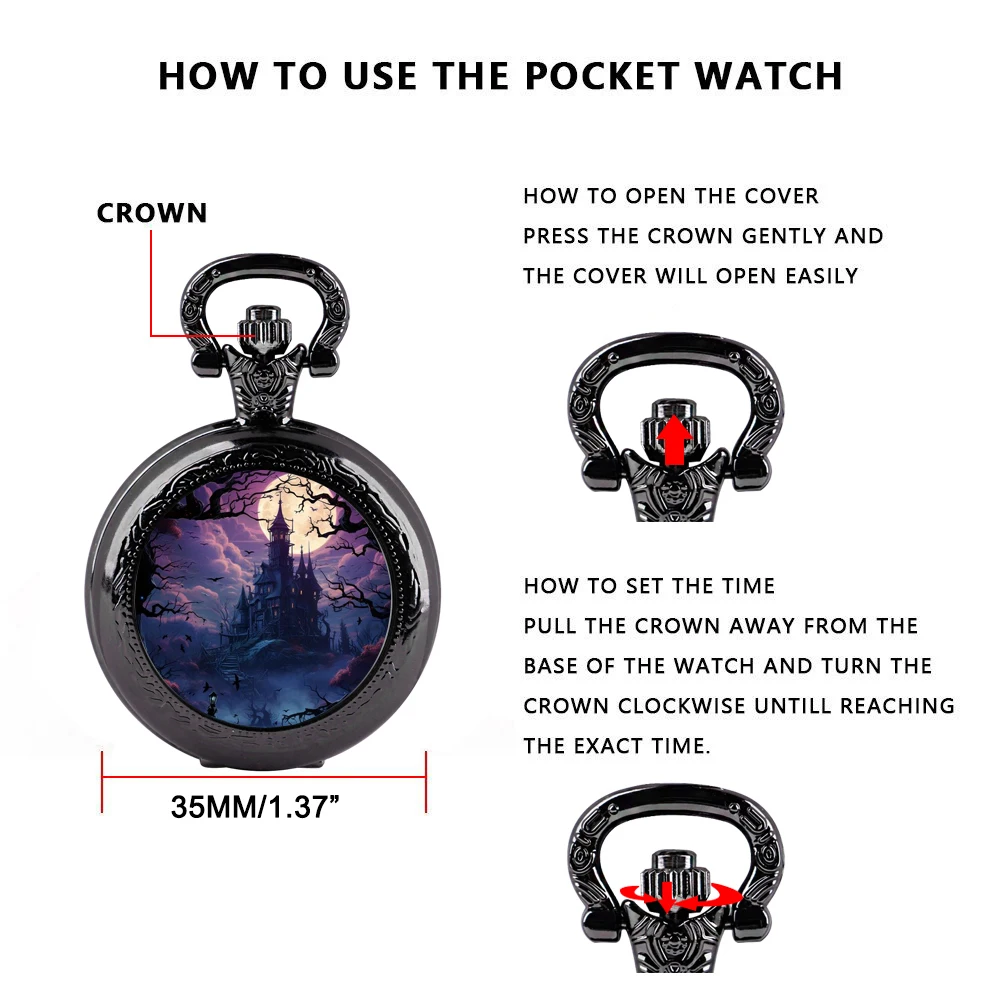 Creative Cool Moon Quartz Pocket Watch for Women Men Black Necklace, Unique Pendant Clock Chain Watch Gift Accessories